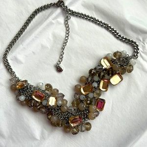 Loft Silvertone Sparkly Blingy Bib Necklace 17 1/2” + 3”
